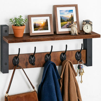 Wandgarderobe mit Ablage und 5 Haken aus Holz