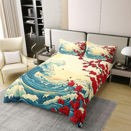 Japanischer Ukiyo-e Bettbezug 200x200 Baumwolle – Retro Wellen Design