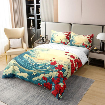 Japanischer Ukiyo-e Bettbezug Set 220x240 Baumwolle Rot Beige