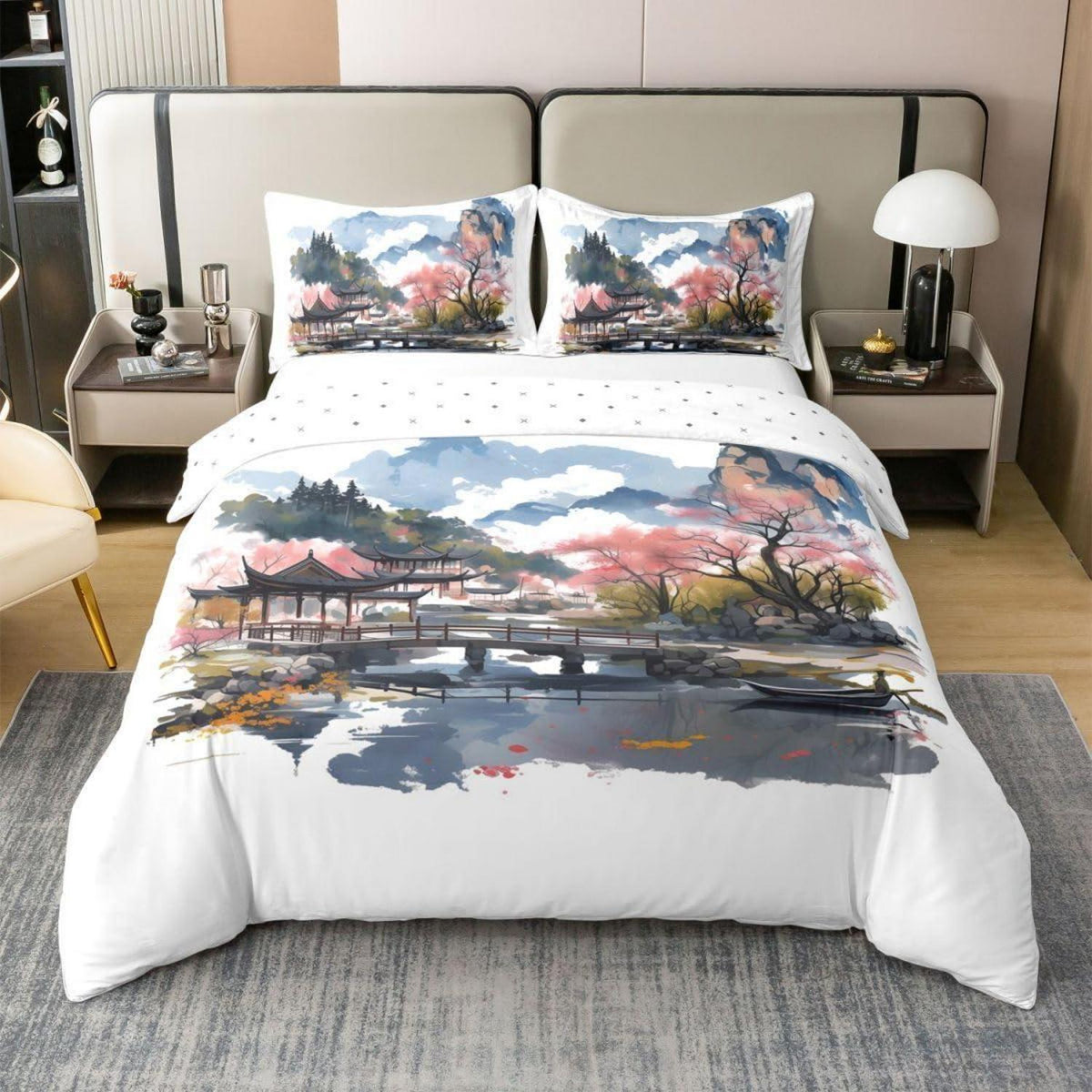 Chinesische Tuschemalerei Bettwäsche Set 155x220 Baumwolle
