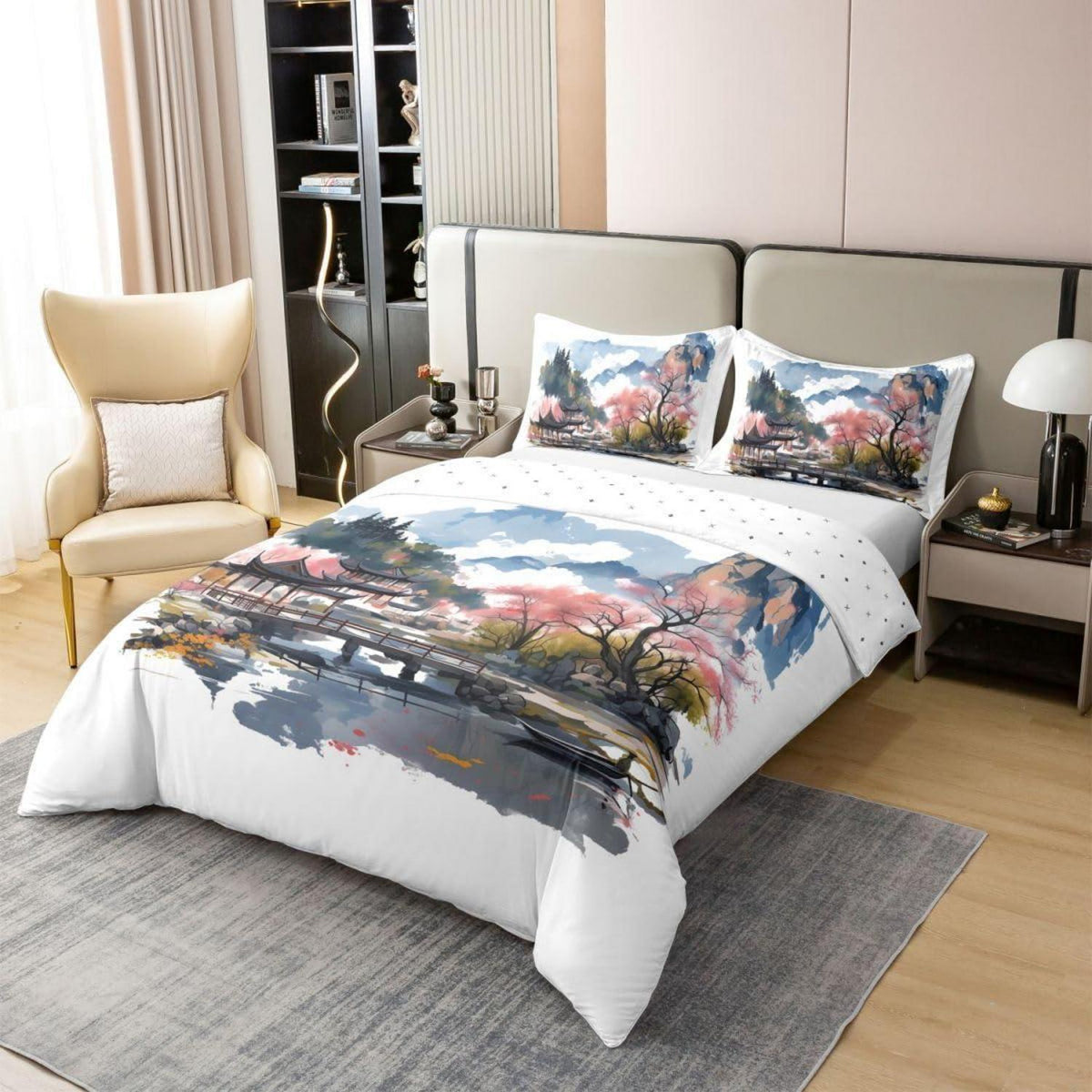 Chinesische Tuschemalerei Bettwäsche Set 220x240 Baumwolle