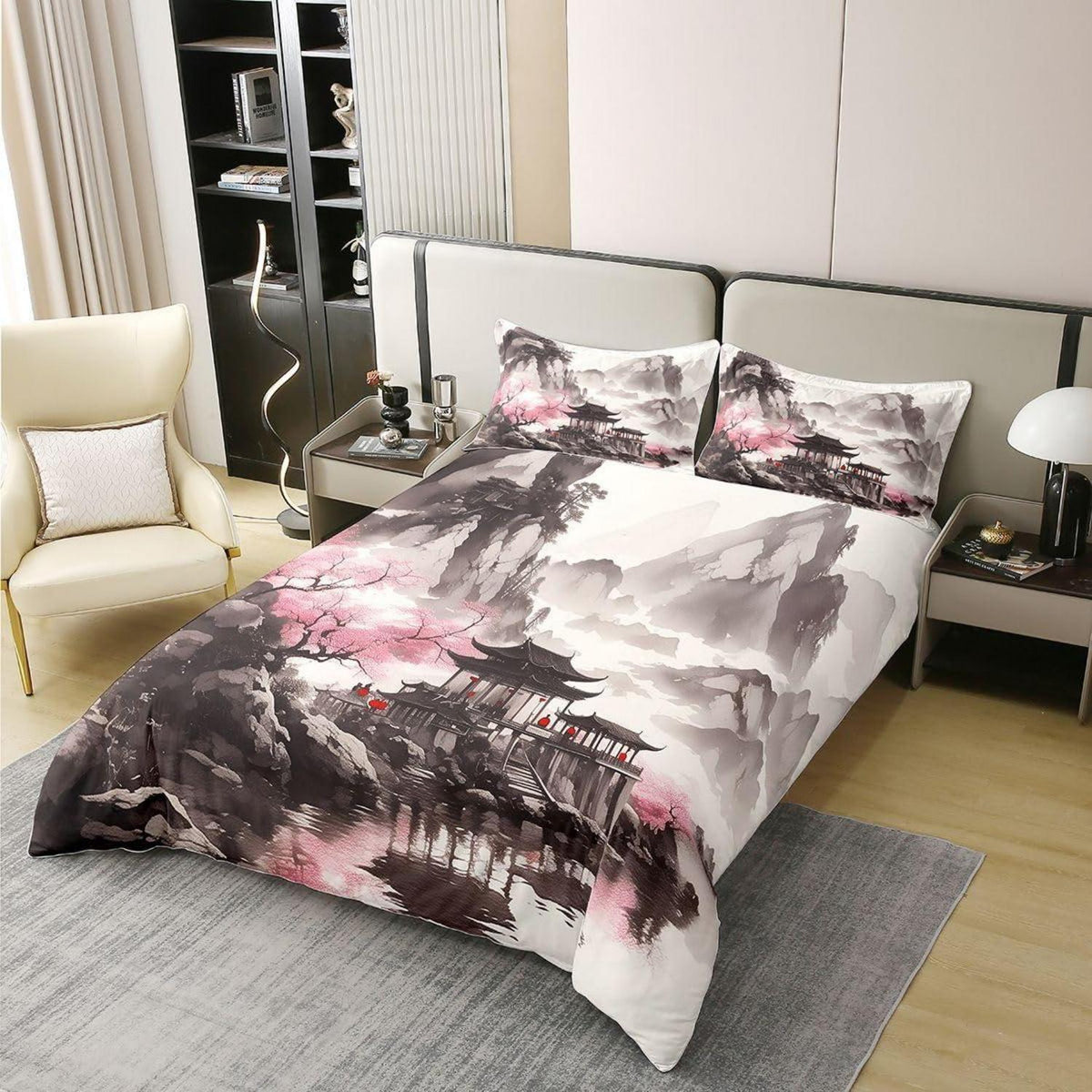 Chinesischer Stil Bettwäsche Set 155x220 Baumwolle Tusche Landschaft