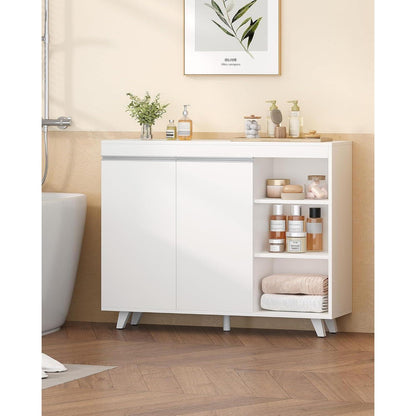 Weißer Badezimmerschrank mit 2 Türen & 3 offenen Regalen