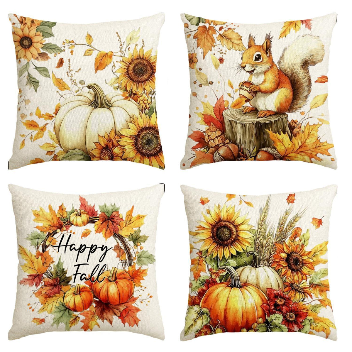 Herbst Kissenbezüge Eichhörnchen Kürbis 40x40 cm 4er Set Orange