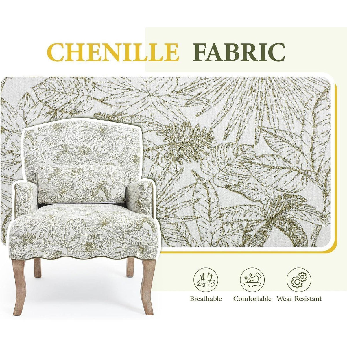 Chenille Ohrensessel Retro Grün mit Holzbeinen & Lendenkissen
