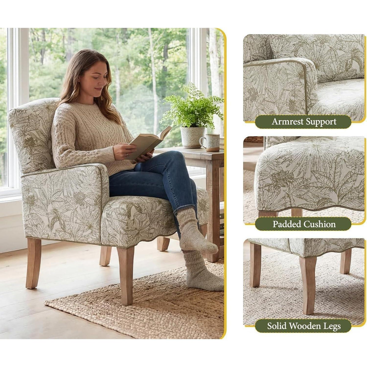 Chenille Ohrensessel Retro Grün mit Holzbeinen & Lendenkissen