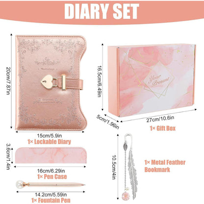 Notizbuch Geschenkset Roségold mit Schloss für Mädchen 9-13 Jahre
