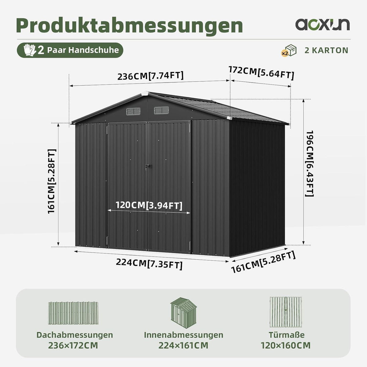 Großer Metall-Gartenschuppen 8x6ft mit Doppeltür & Satteldach