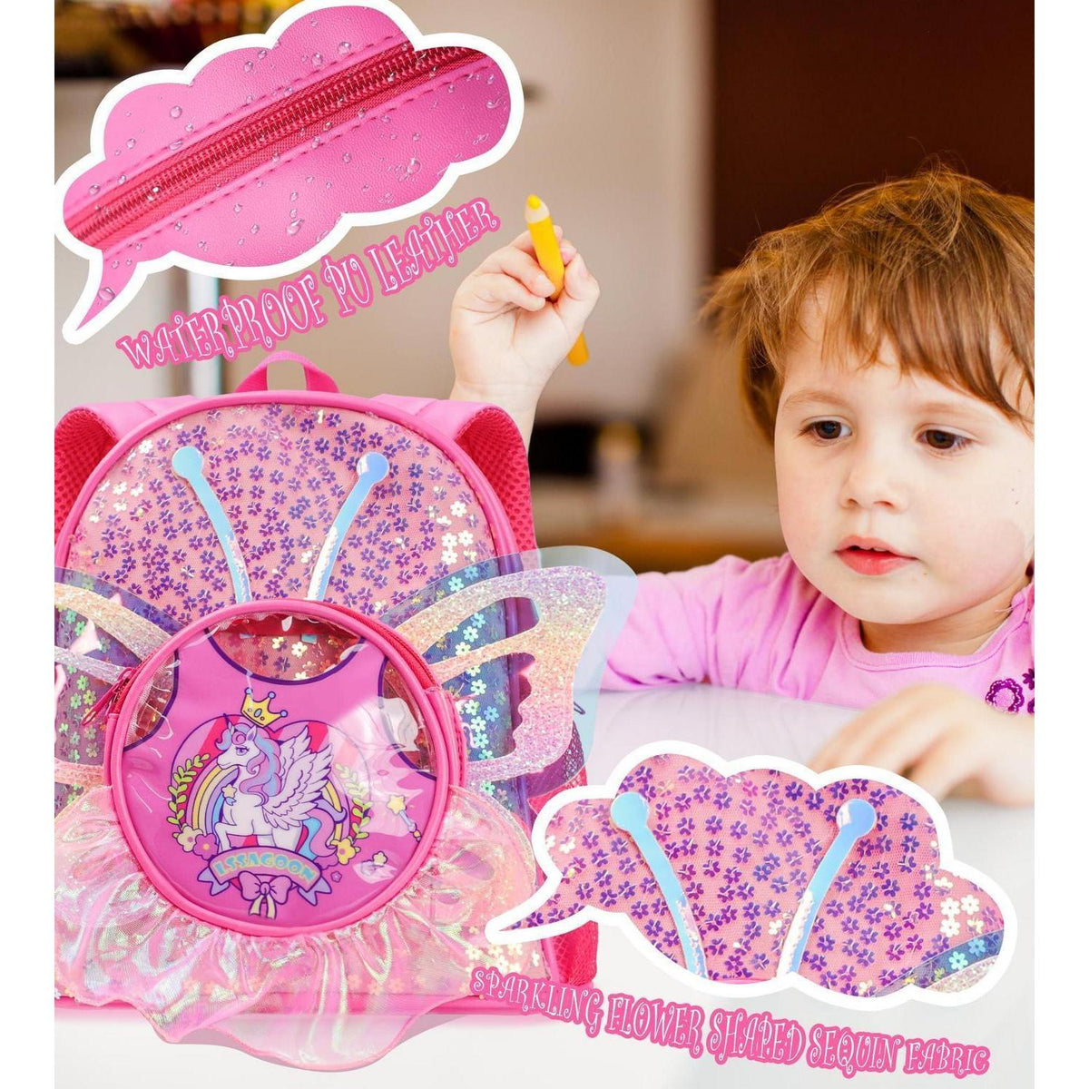 Einhorn Rucksack Mädchen mit Pailletten & Schmetterlingsflügeln