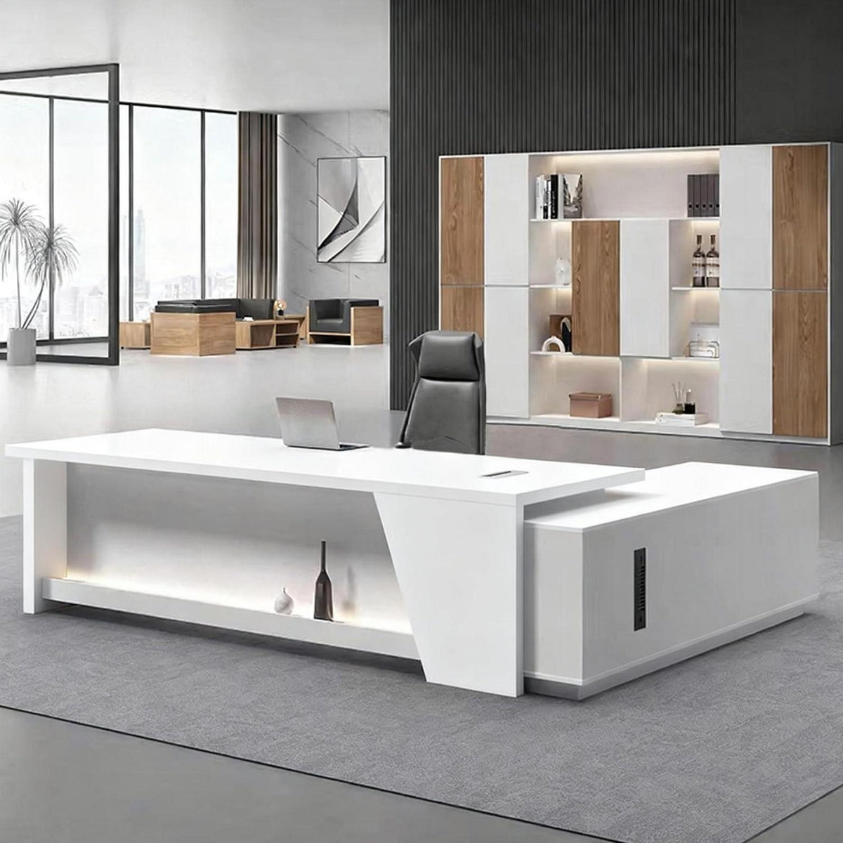 Moderner L-förmiger Schreibtisch mit Stauraum – Großer Bürotisch Schwarz Weiß