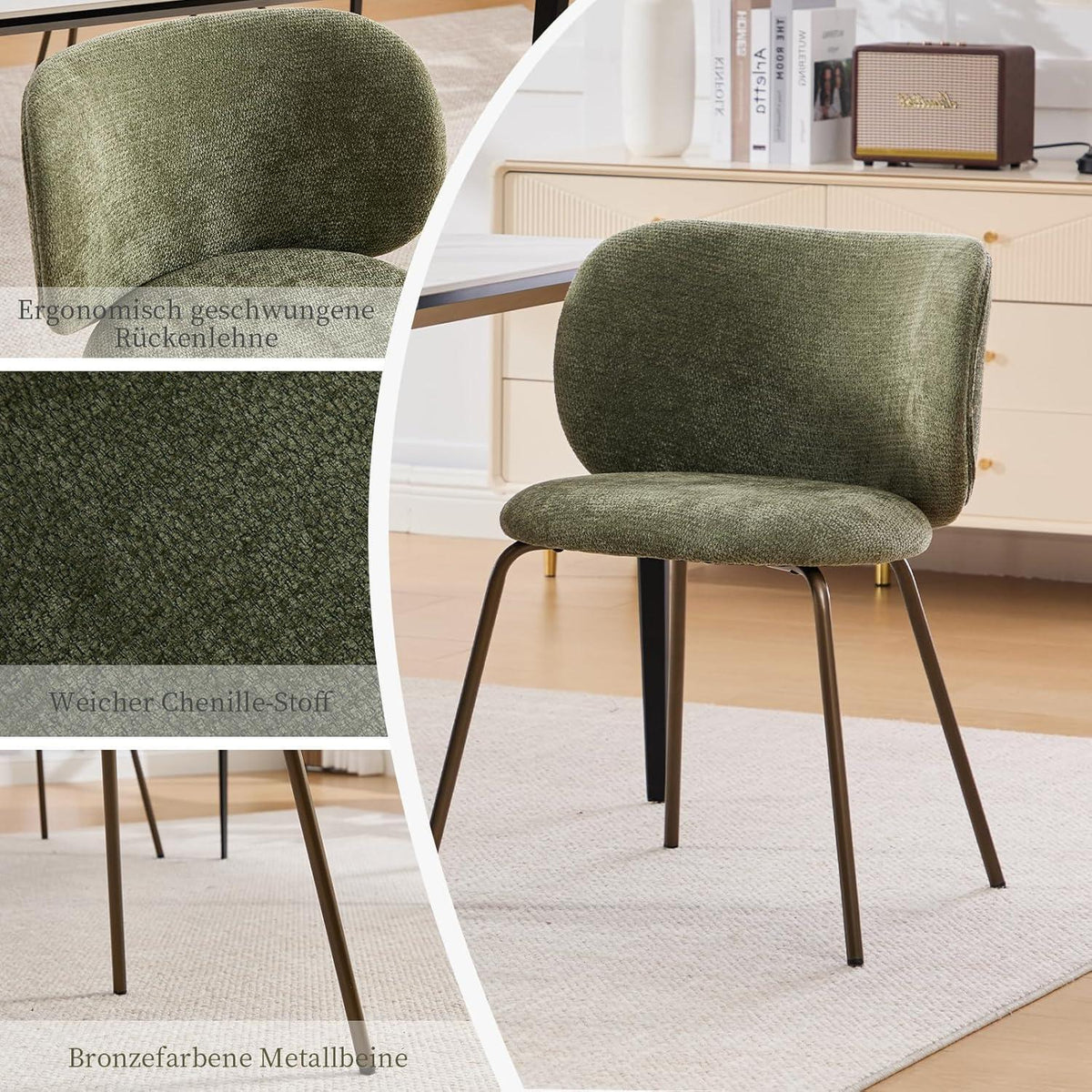 Esszimmerstühle Set 6 Olivgrün, Chenille Stoff, Modern
