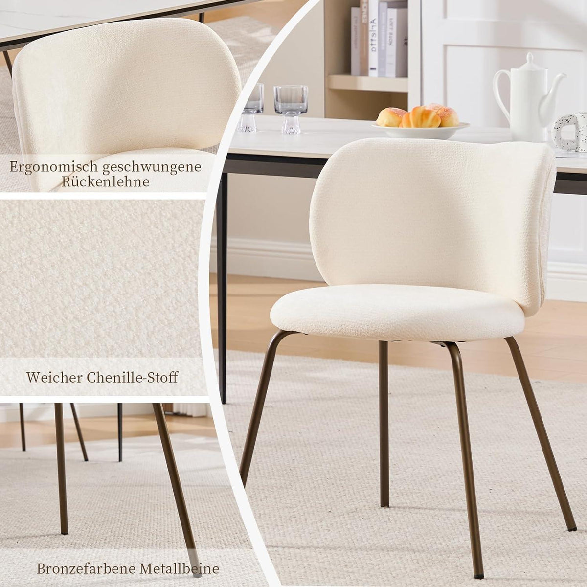 Esszimmerstühle 6er Set, Chenille Stoff, Creme Weiß
