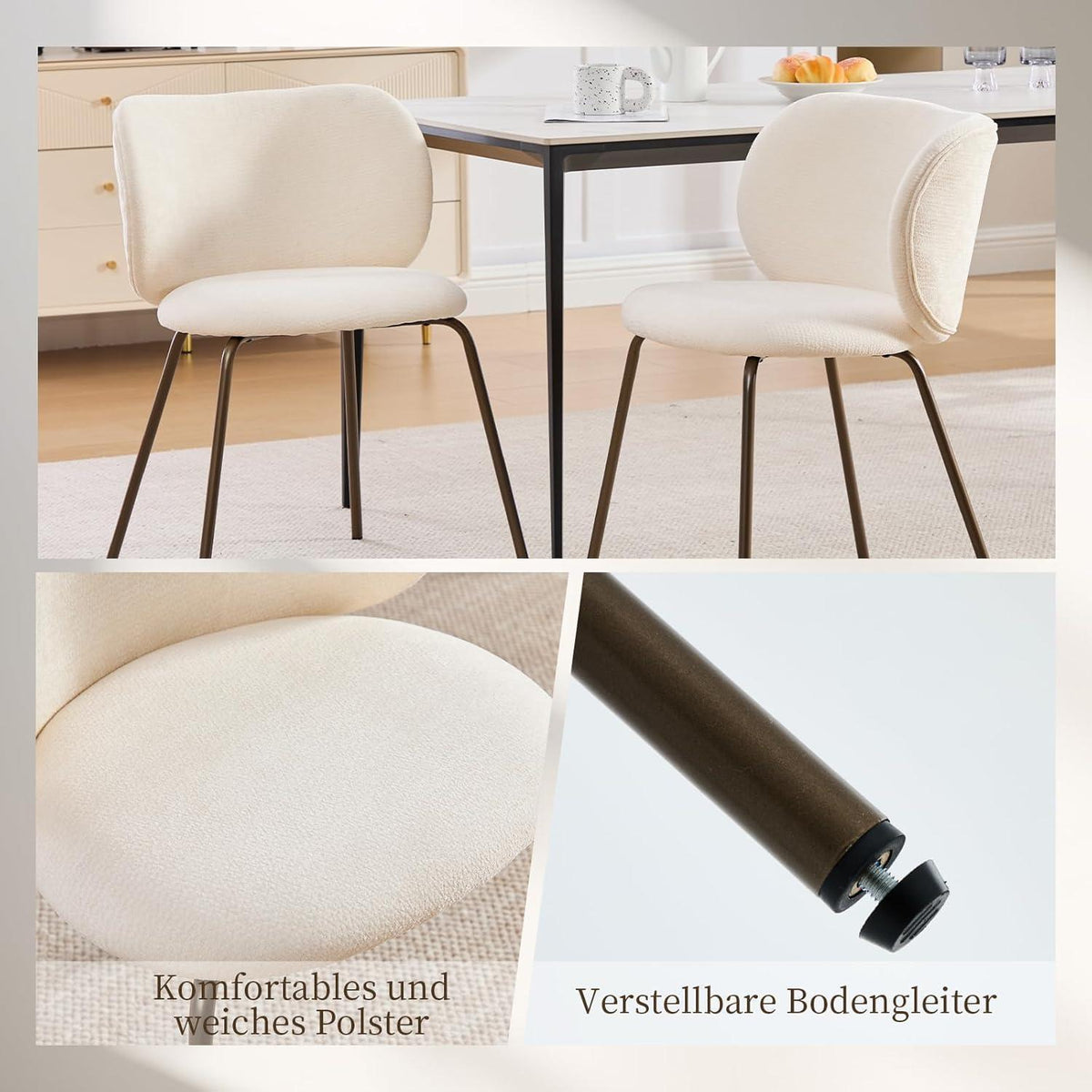 Esszimmerstühle 6er Set, Chenille Stoff, Creme Weiß