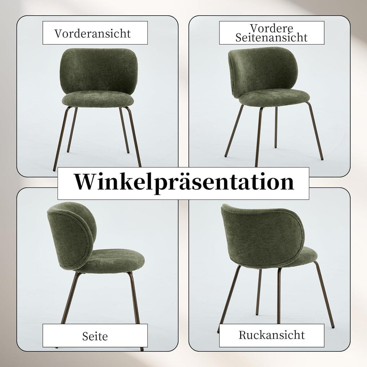 Esszimmerstühle Set 4 Olivgrün, Chenille Stoff & Metallbeine