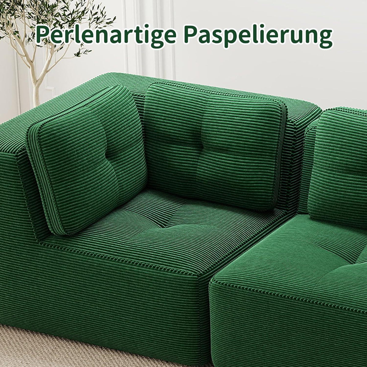 Modulares Ecksofa Grün – Kein Aufbau, Tiefe Sitzfläche & Cordstoff