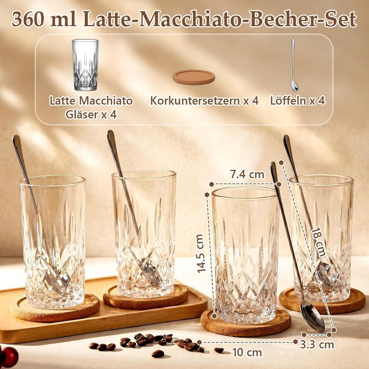 Latte Macchiato Gläser Set mit Löffeln & Untersetzern