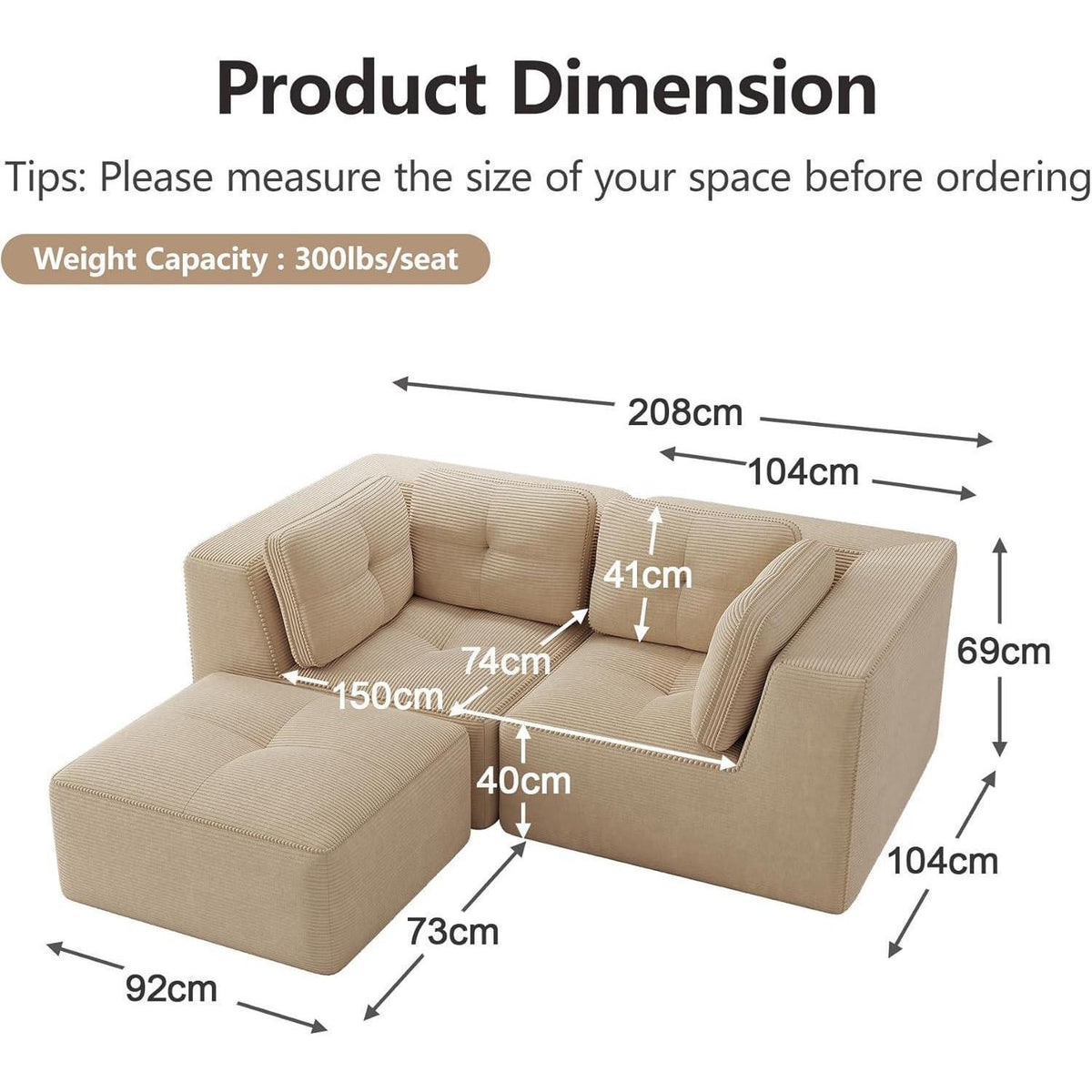 Modulares Ecksofa mit Ottoman – Kein Aufbau, Beige Cord Sofa