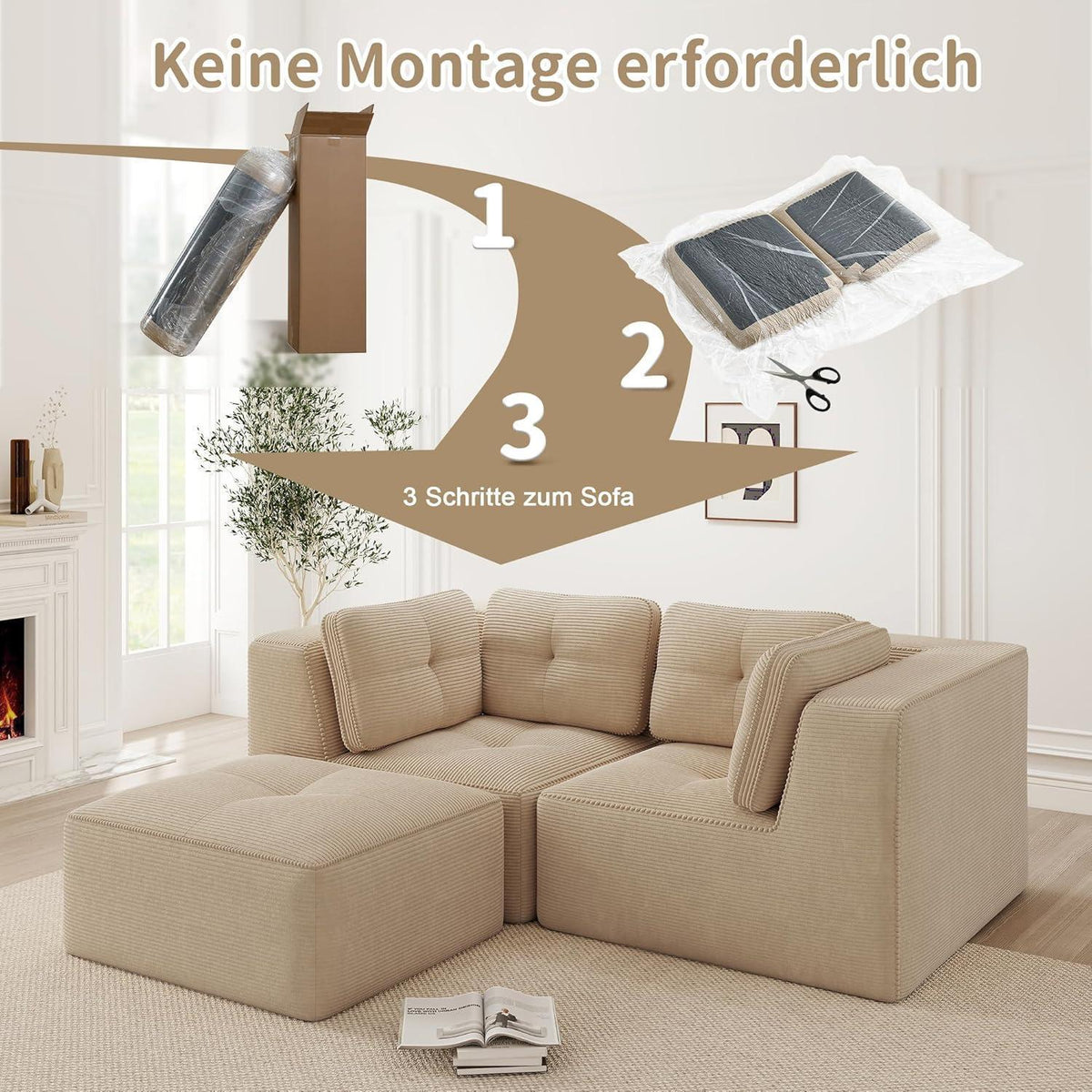 Modulares Ecksofa mit Ottoman – Kein Aufbau, Beige Cord Sofa