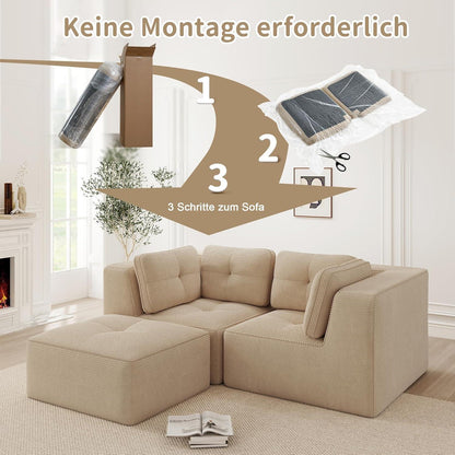 Modulares Ecksofa mit Ottoman – Kein Aufbau, Beige Cord Sofa