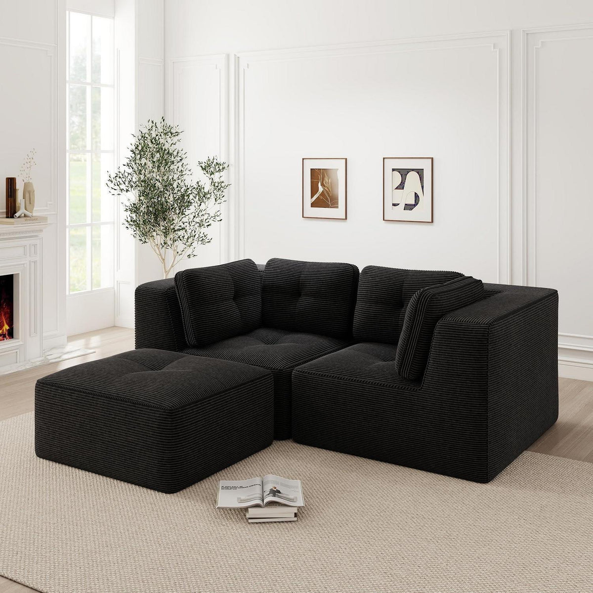 Modulares Ecksofa mit Cord – Tiefes Sitzsofa Schwarz 2C+1O