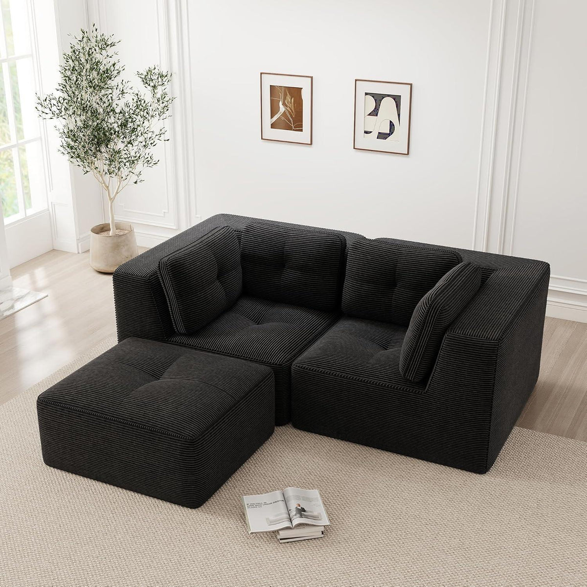Modulares Ecksofa mit Cord – Tiefes Sitzsofa Schwarz 2C+1O