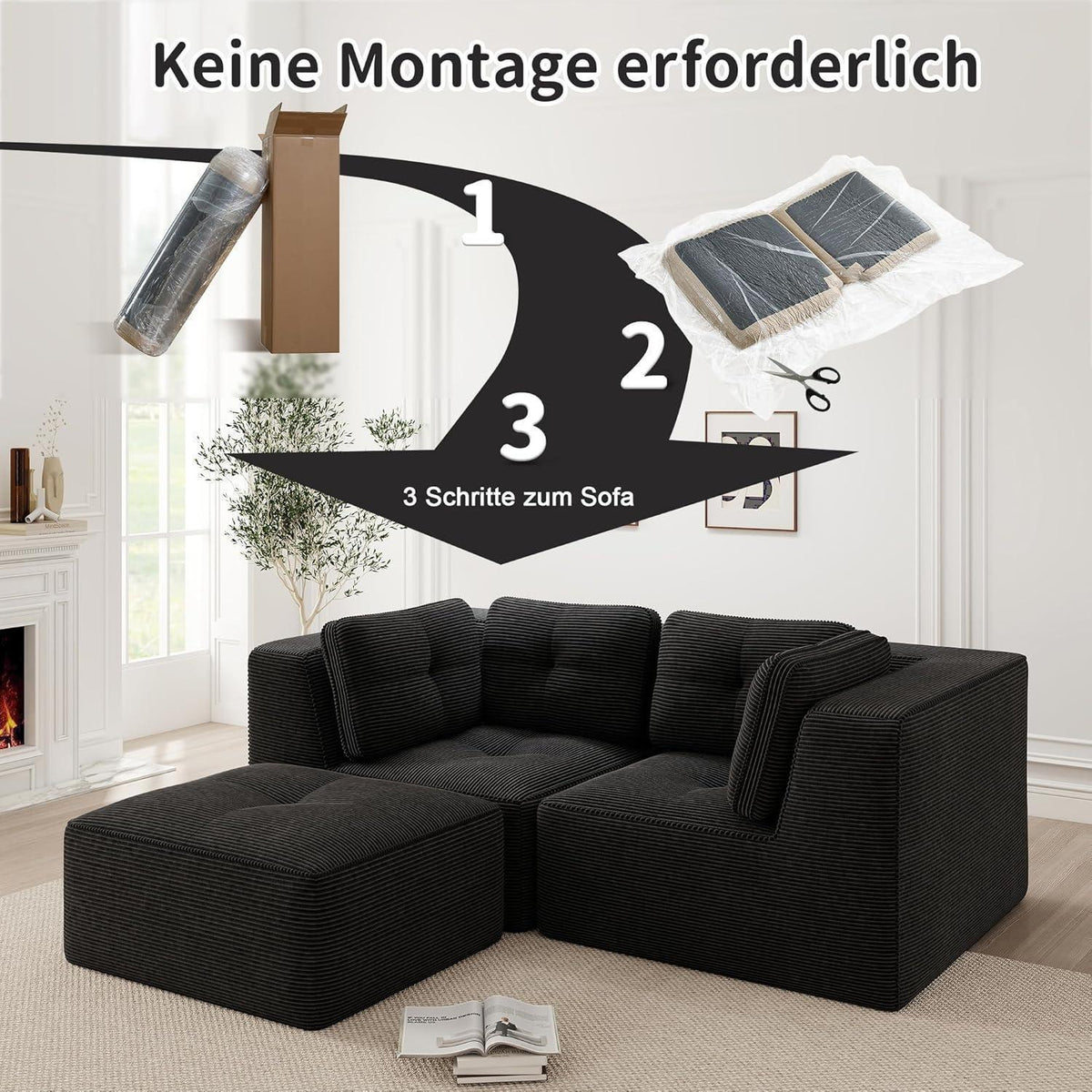 Modulares Ecksofa mit Cord – Tiefes Sitzsofa Schwarz 2C+1O