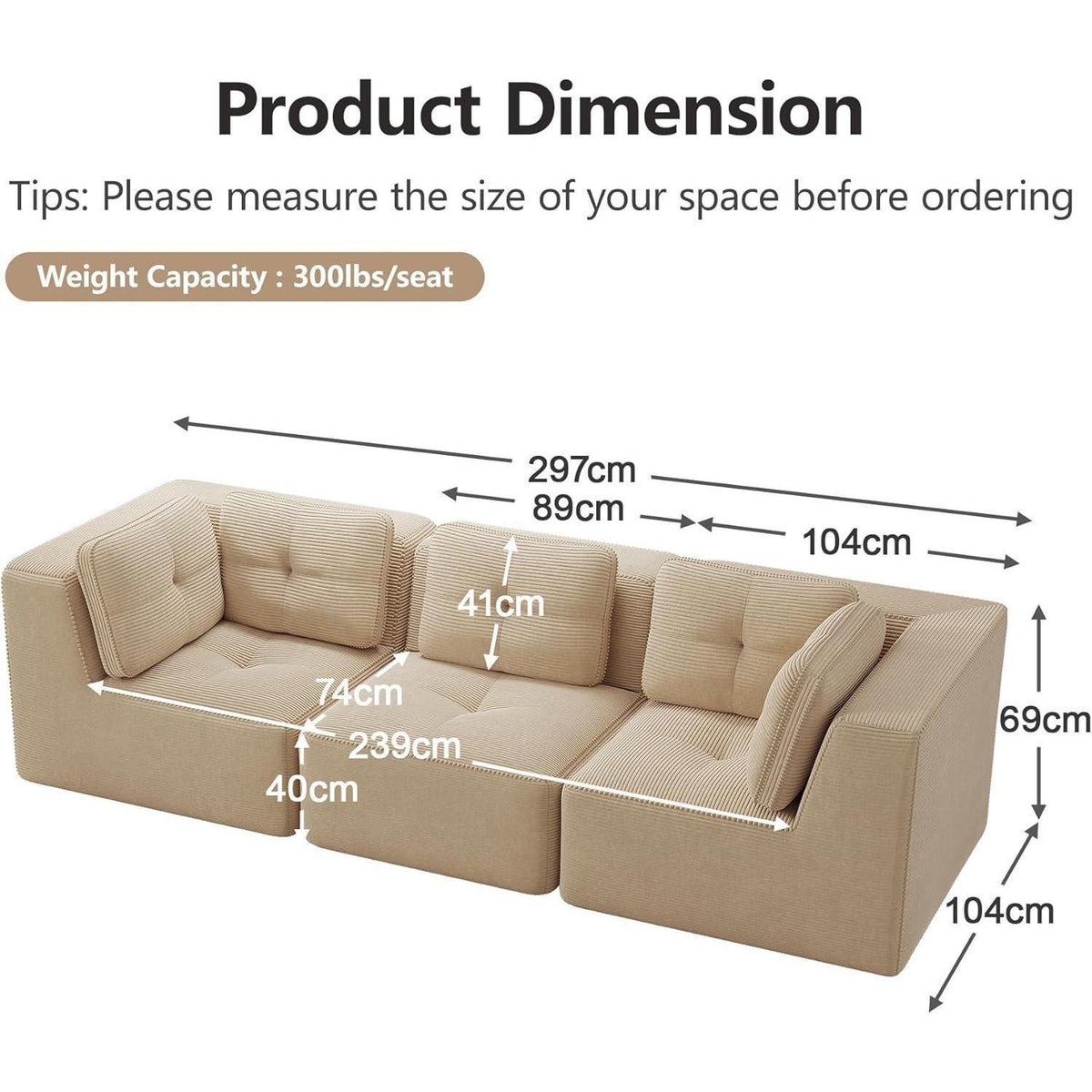 Modulares Ecksofa mit Cord – Bequemes Sofa ohne Aufbau, Beige