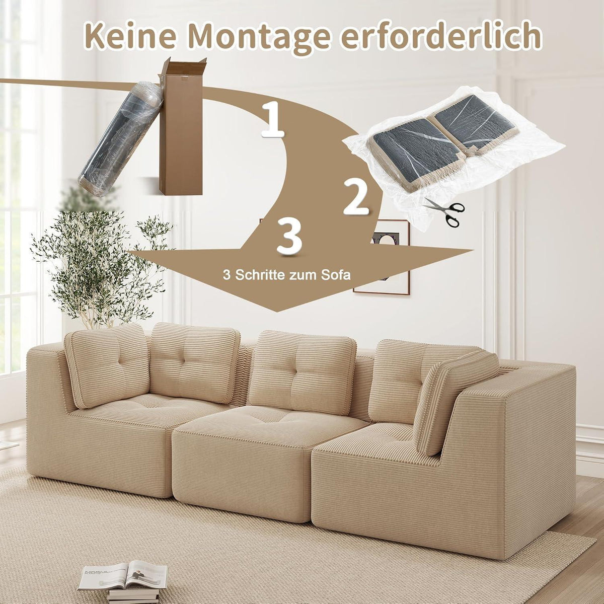 Modulares Ecksofa mit Cord – Bequemes Sofa ohne Aufbau, Beige