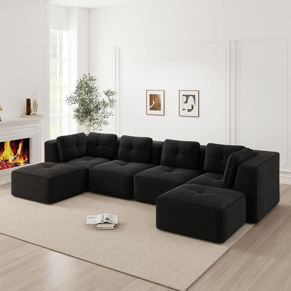Modulares Ecksofa mit Cord – Tiefes Sitzsofa, Schwarz 2C2S+2O