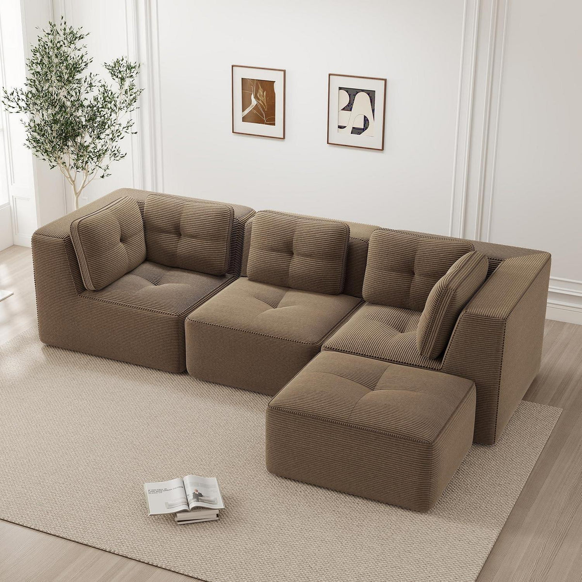 Modulares Ecksofa Cord Braun – Tiefes Sitzsofa, Kein Aufbau