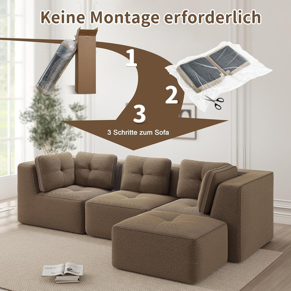 Modulares Ecksofa Cord Braun – Tiefes Sitzsofa, Kein Aufbau
