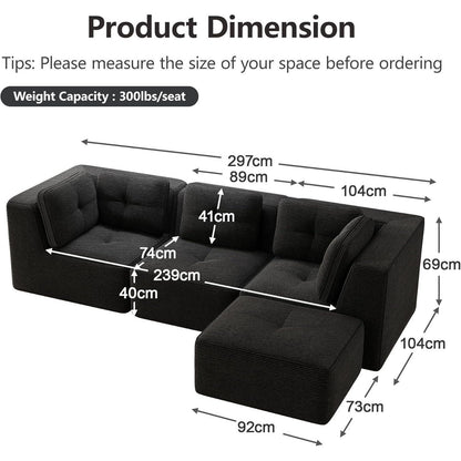 Modulares Ecksofa mit Cord – Tiefes Sitzsofa, Schwarz 2C1S+1O