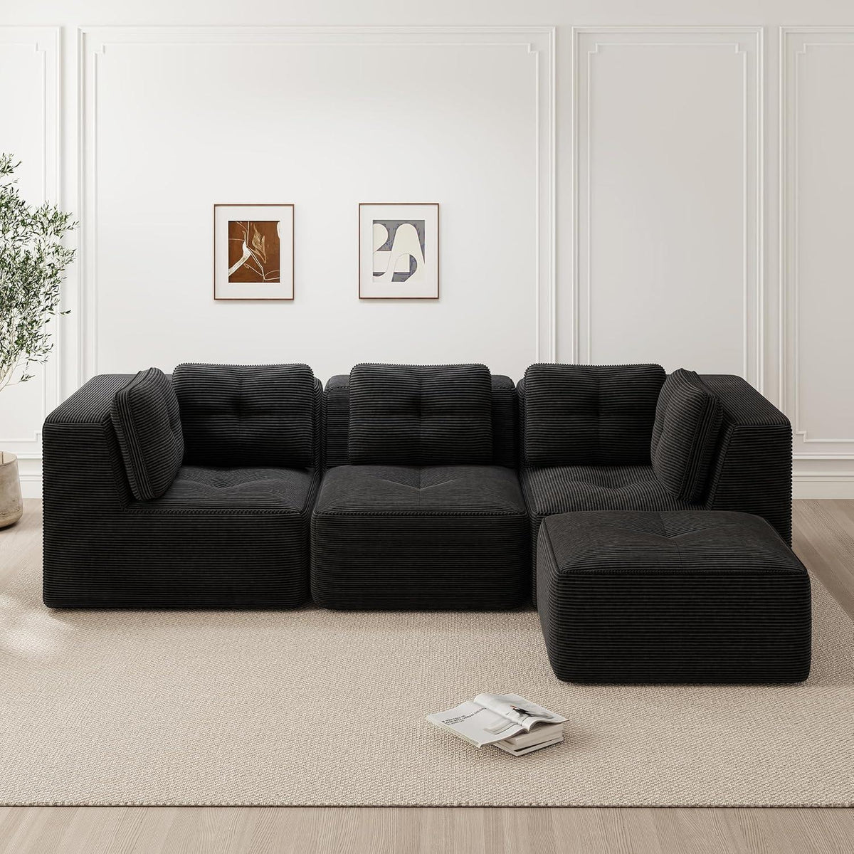 Modulares Ecksofa mit Cord – Tiefes Sitzsofa, Schwarz 2C1S+1O