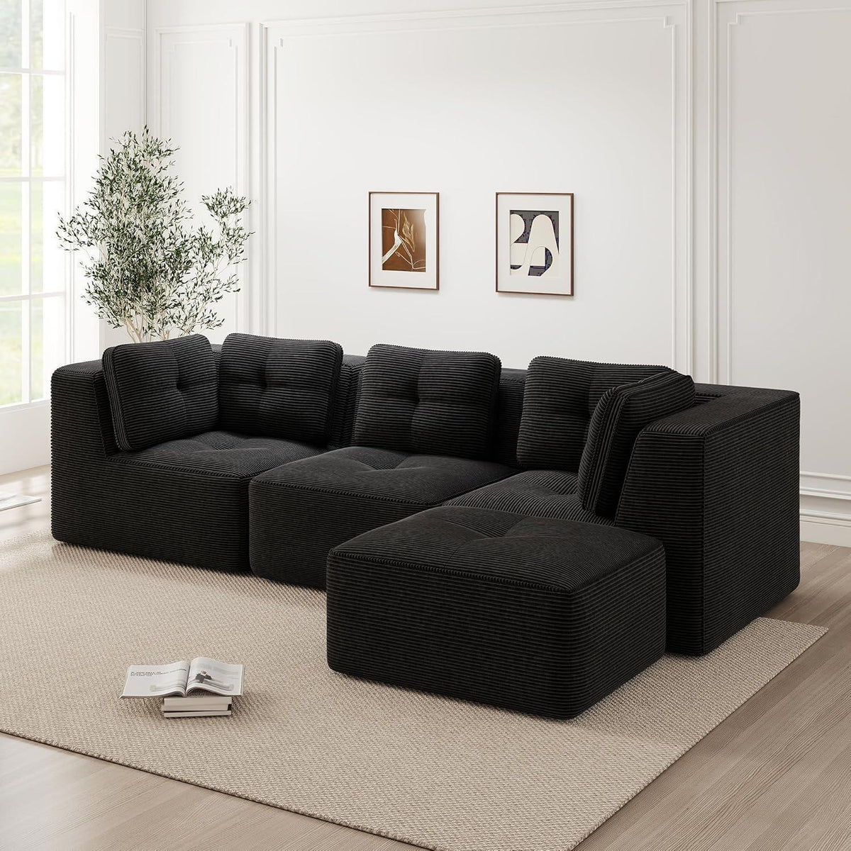 Modulares Ecksofa mit Cord – Tiefes Sitzsofa, Schwarz 2C1S+1O