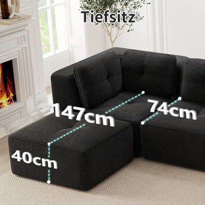 Modulares Ecksofa mit Cord – Tiefes Sitzsofa, Schwarz 2C1S+1O