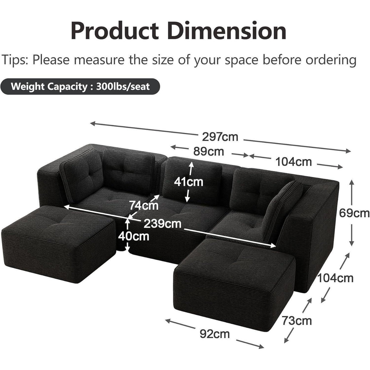 Modulares Ecksofa mit Cord – Tiefes Sitzsofa, Schwarz 2C1S+2O