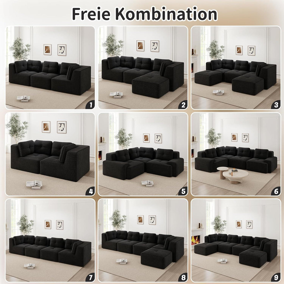 Modulares Ecksofa mit Cord – Tiefes Sitzsofa, Schwarz 2C1S+2O