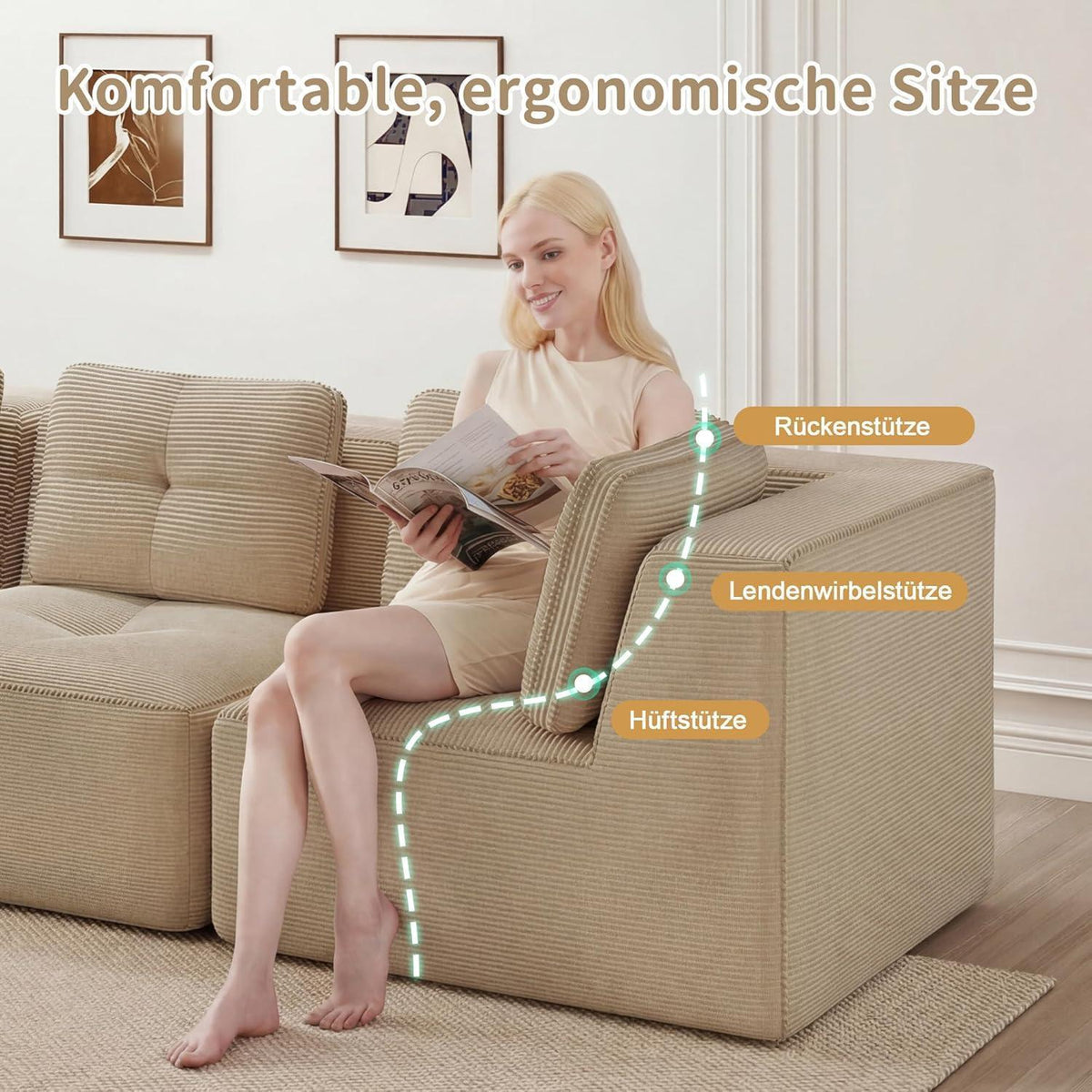 Modulares Ecksofa mit Cord – Bequemes Sofa ohne Aufbau, Beige