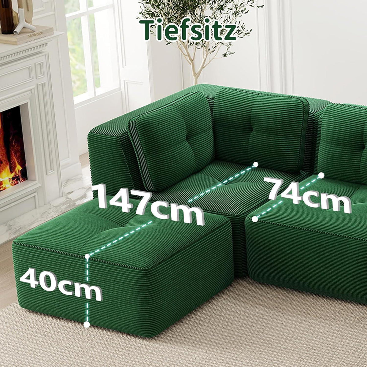 Modulares Ecksofa Grün – Kein Aufbau, Tiefe Sitzfläche & Cordstoff