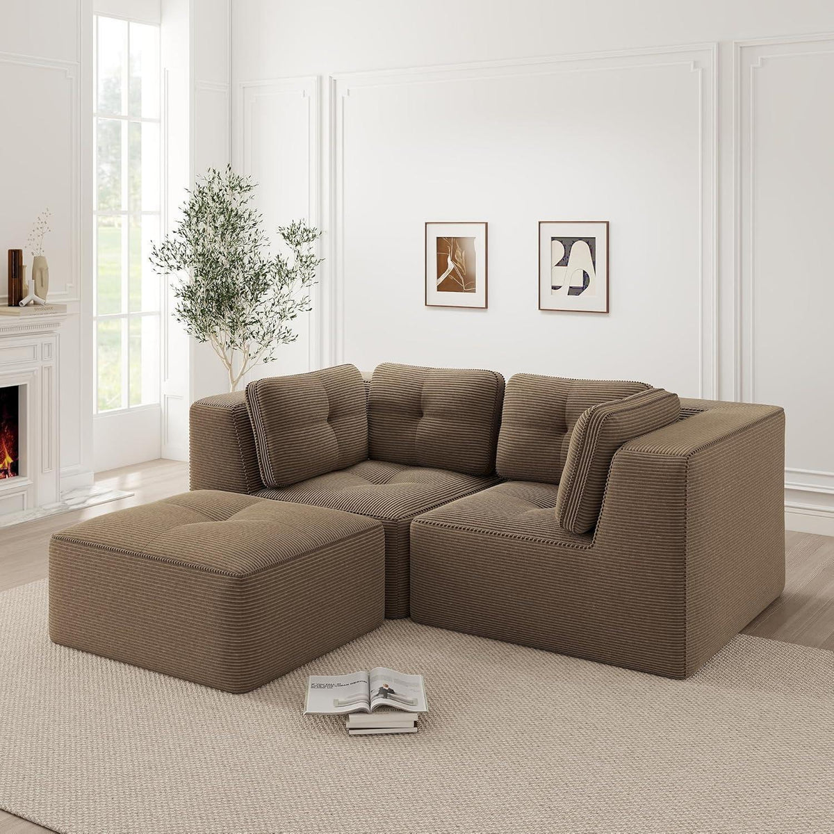 Modulares Ecksofa Cord Braun – Tiefes Sitzsofa, Kein Aufbau