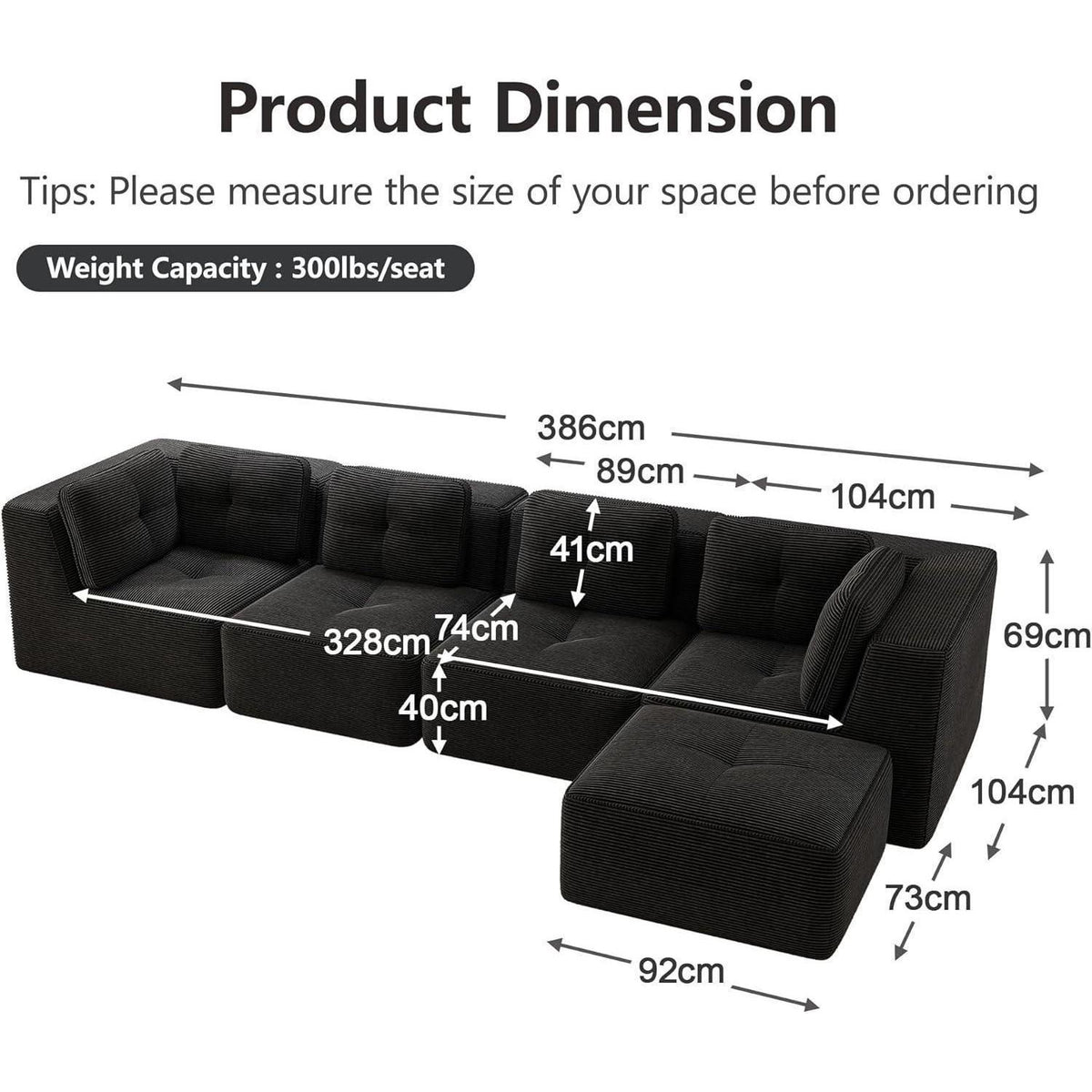 Modulares Ecksofa mit Cord – Tiefes Sitzsofa Schwarz 2C2S+1O