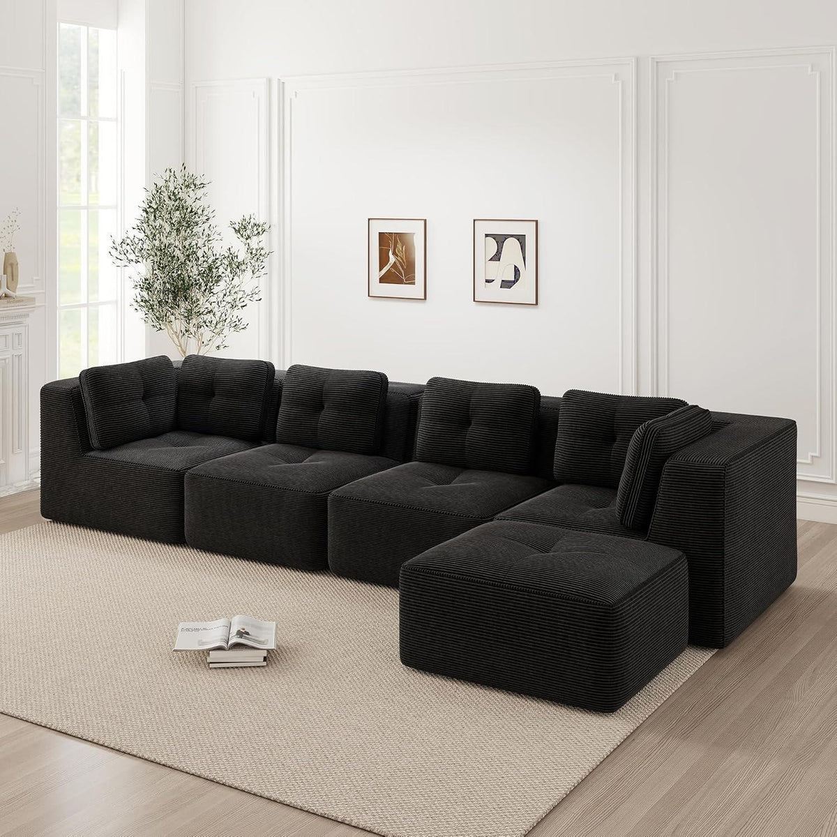 Modulares Ecksofa mit Cord – Tiefes Sitzsofa Schwarz 2C2S+1O