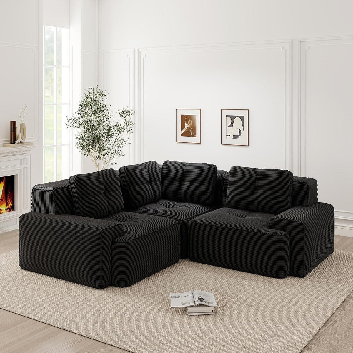Modulares Ecksofa Cord Schwarz – Kein Aufbau, Tiefes Sitzgefühl