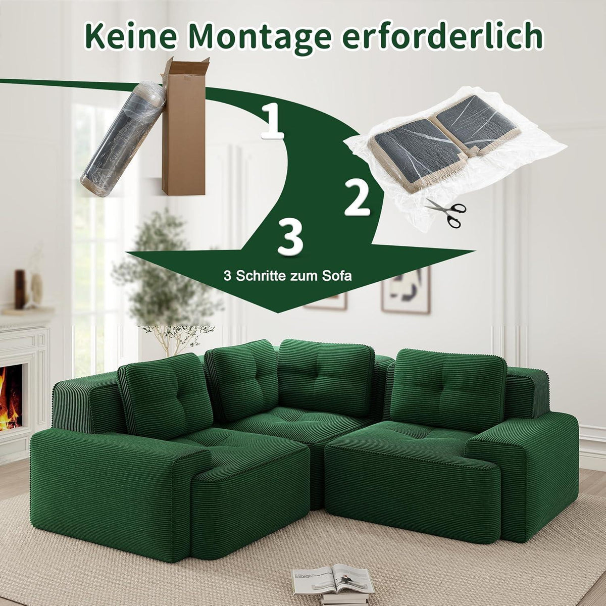Modulares Ecksofa Grün 2C+1O – Kein Aufbau, Tiefe Sitzfläche