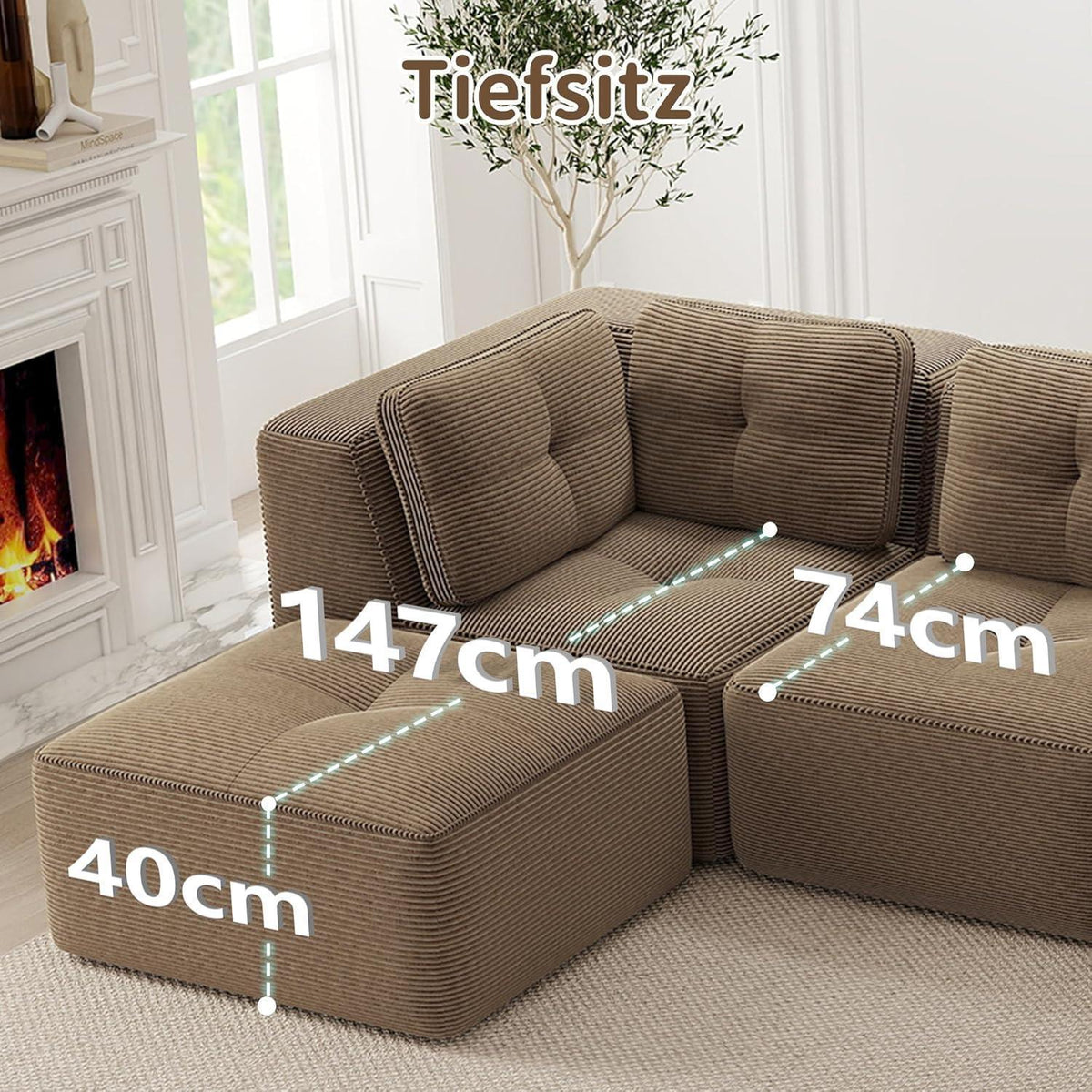 Modulares Ecksofa Cord Braun – Tiefes Sitzsofa ohne Aufbau