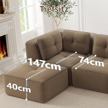 Modulares Ecksofa Cord Braun – Tiefes Sitzsofa ohne Aufbau