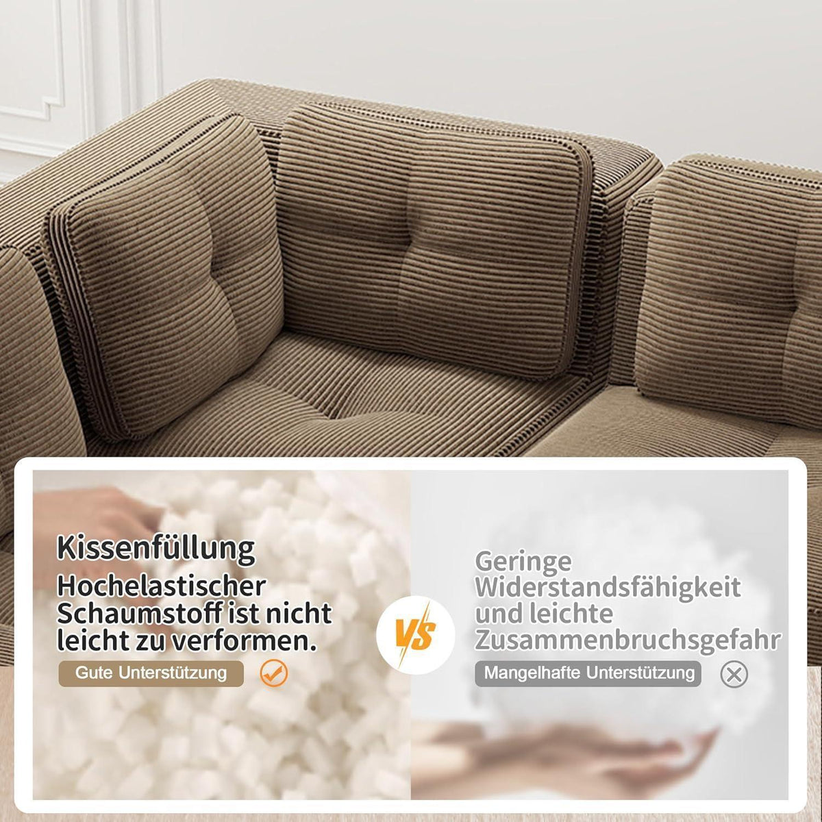 Modulares Ecksofa Cord Braun – Tiefes Sitzsofa ohne Aufbau