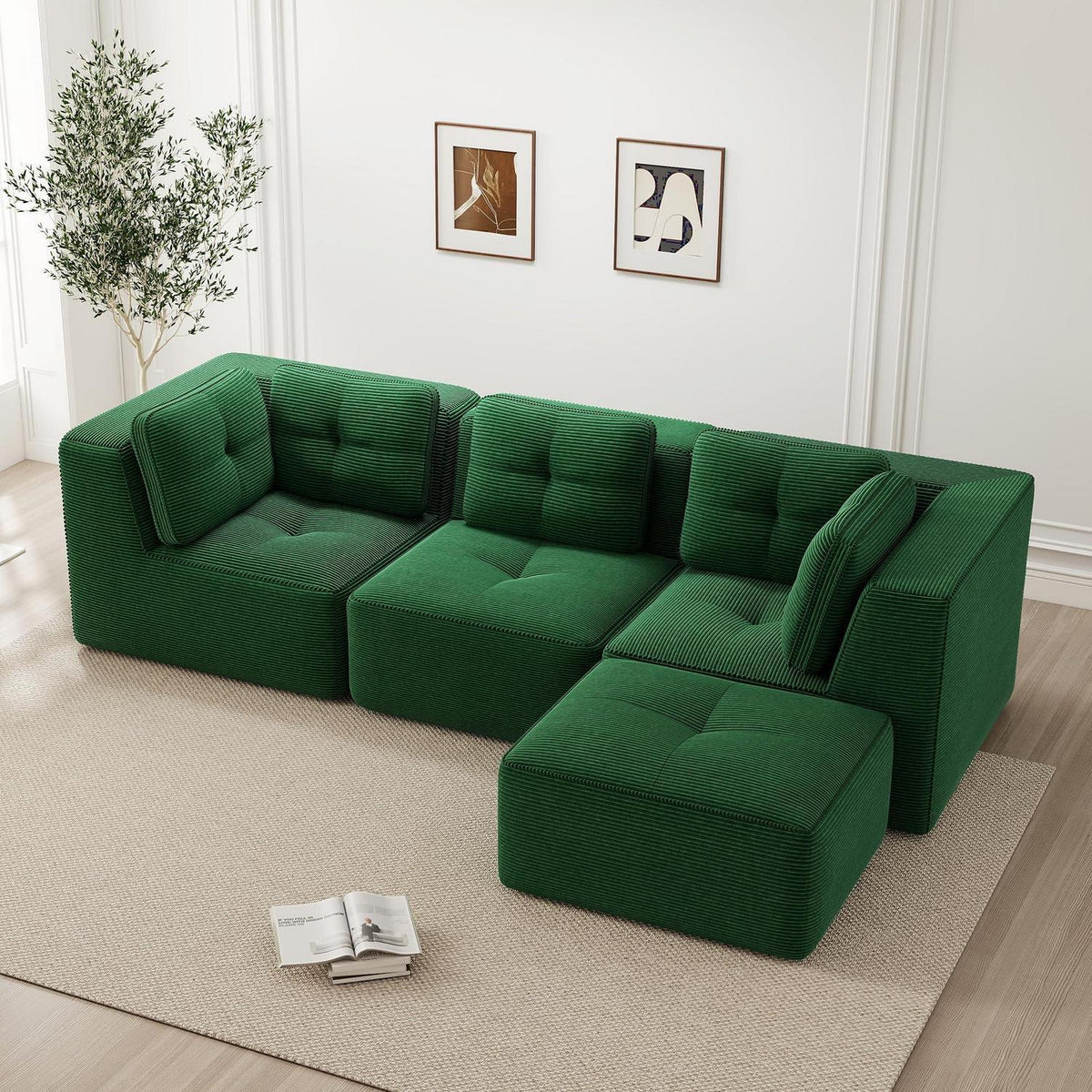 Modulares Ecksofa Grün – Kein Aufbau, Tiefes Cord-Sofa