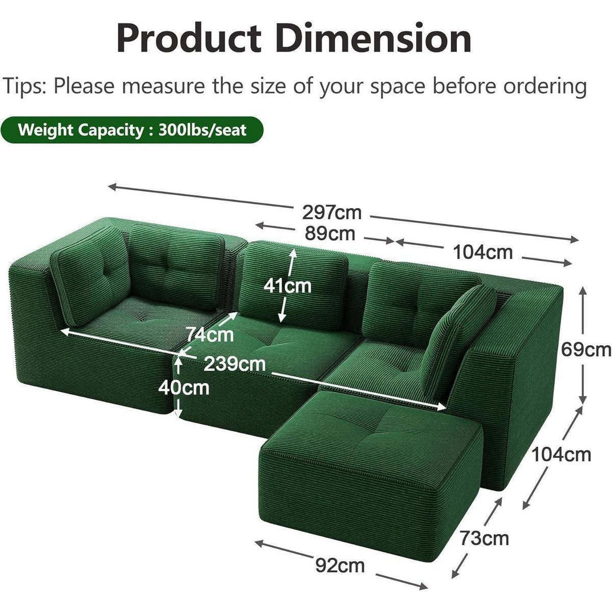 Modulares Ecksofa Grün – Kein Aufbau, Tiefes Cord-Sofa