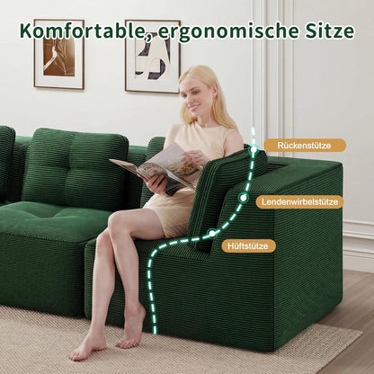 Modulares Ecksofa Grün – Kein Aufbau, Tiefes Cord-Sofa